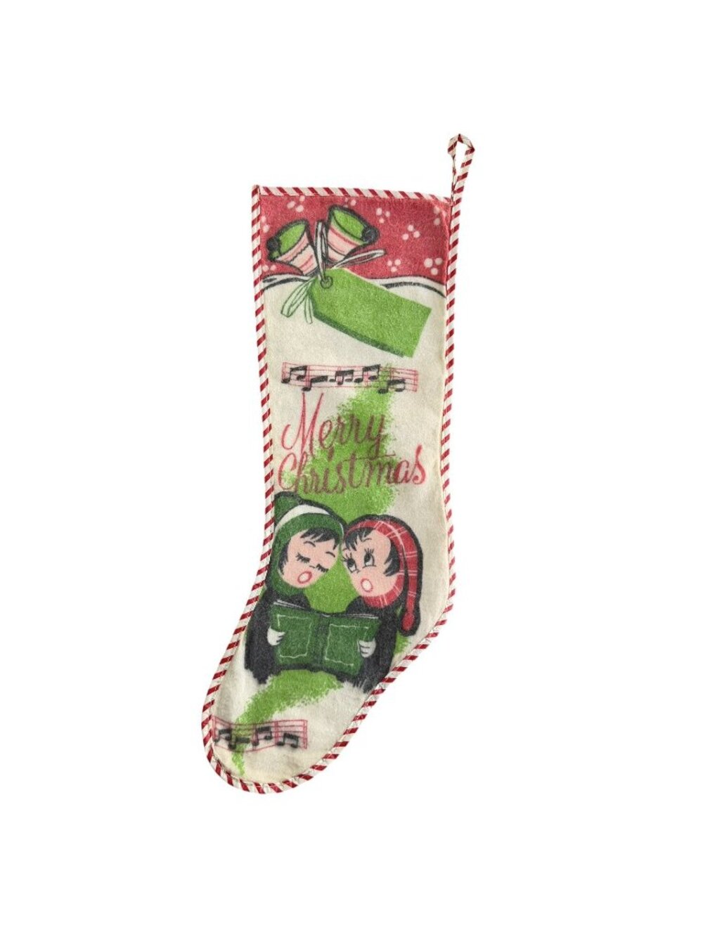 Vintage 1950s Fabric Christmas Stocking Carolers Plastic Candy Cane Trim 20.5”